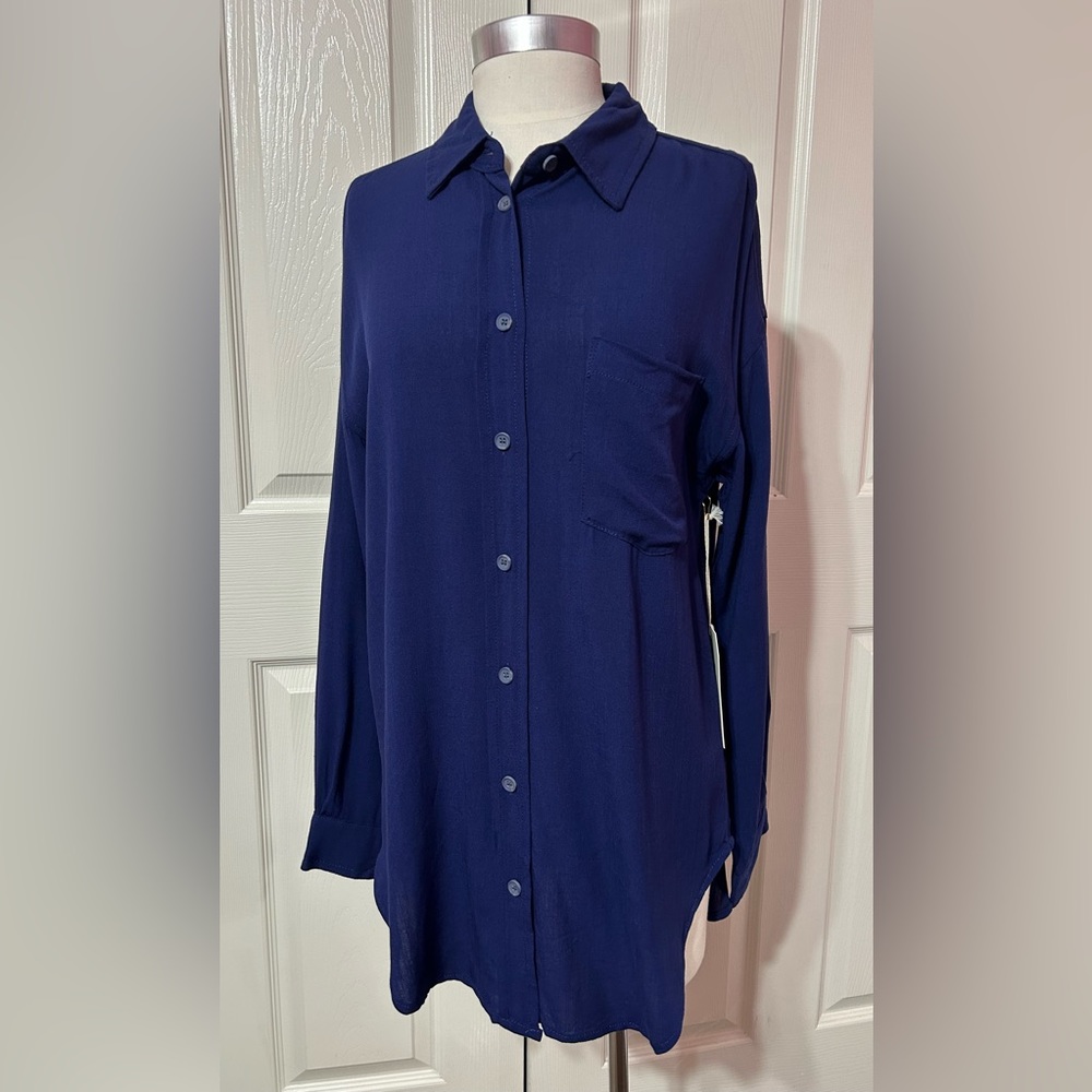 APRIL KISS Women’s Navy Blue Linen Shirt Swim Beach Cover Up NWT Size S
